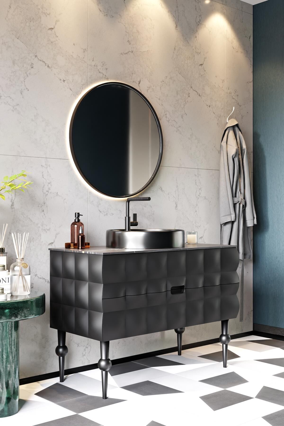 Karen Banyo Onyx 100 CM Banyo Dolabı, Siyah, Lavabo Dahil