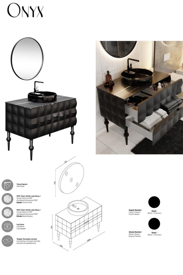 Karen Banyo Onyx 100 CM Banyo Dolabı, Siyah, Lavabo Dahil