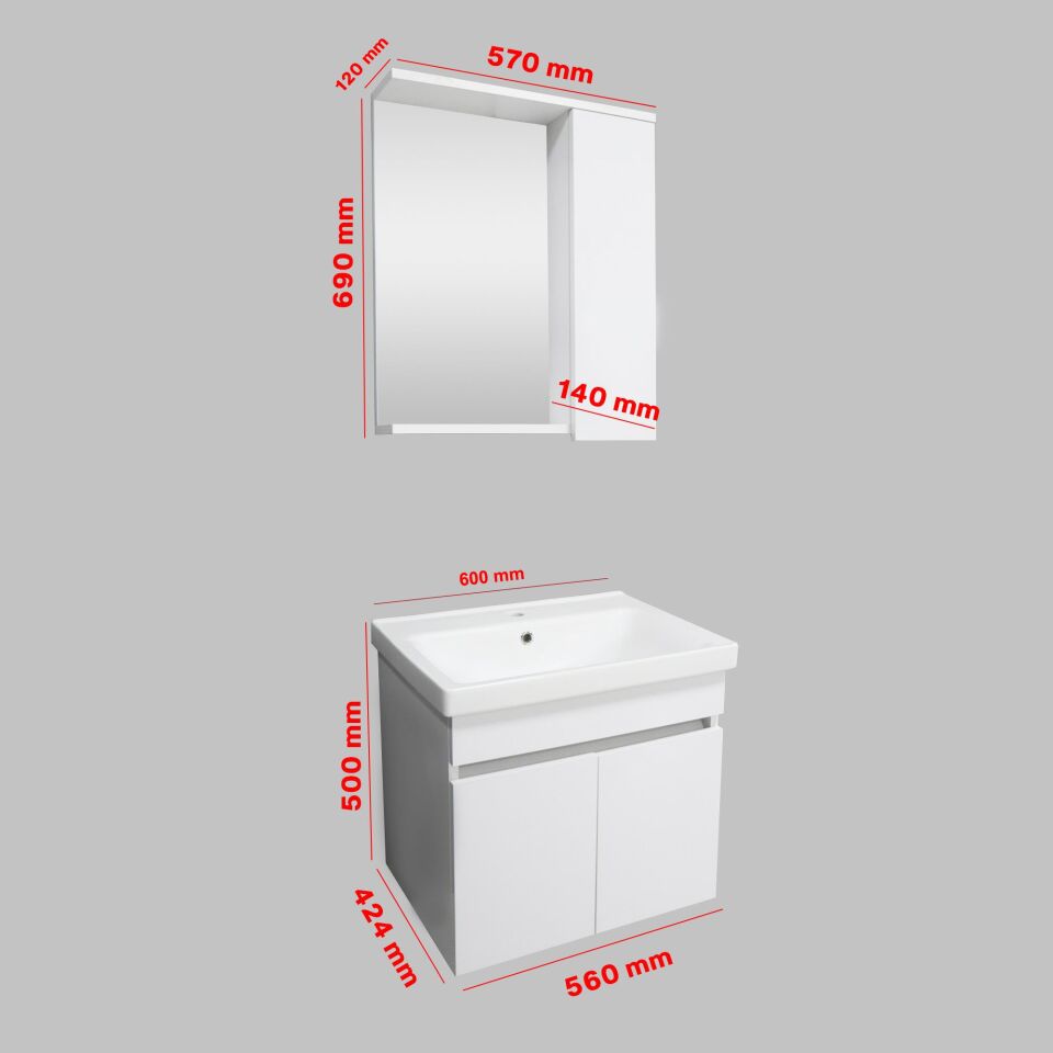 Karen Banyo Koza Banyo Dolabı Seti, 60 Cm Beyaz, Lavabo Dahil Lavabolu