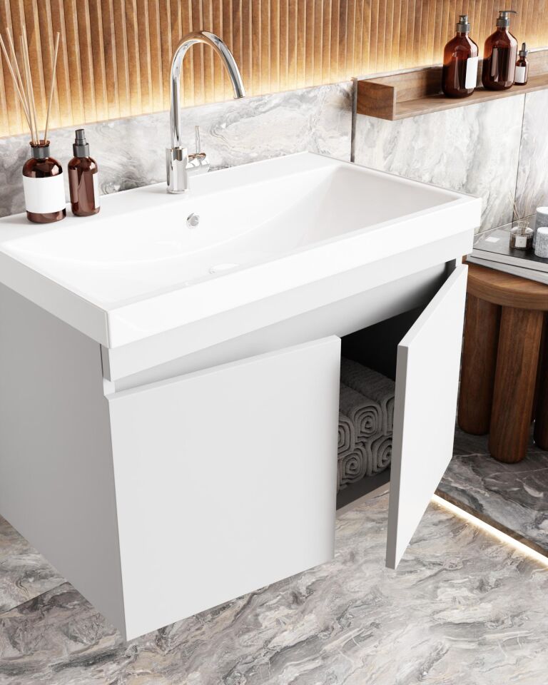 Karen Banyo Koza Banyo Dolabı Seti, 60 Cm Beyaz, Lavabo Dahil Lavabolu