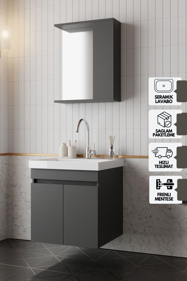 Karen Banyo Arya Banyo Dolabı Seti 60 Cm, Mat Antrasit, Lavabo Dahil, Lavabolu