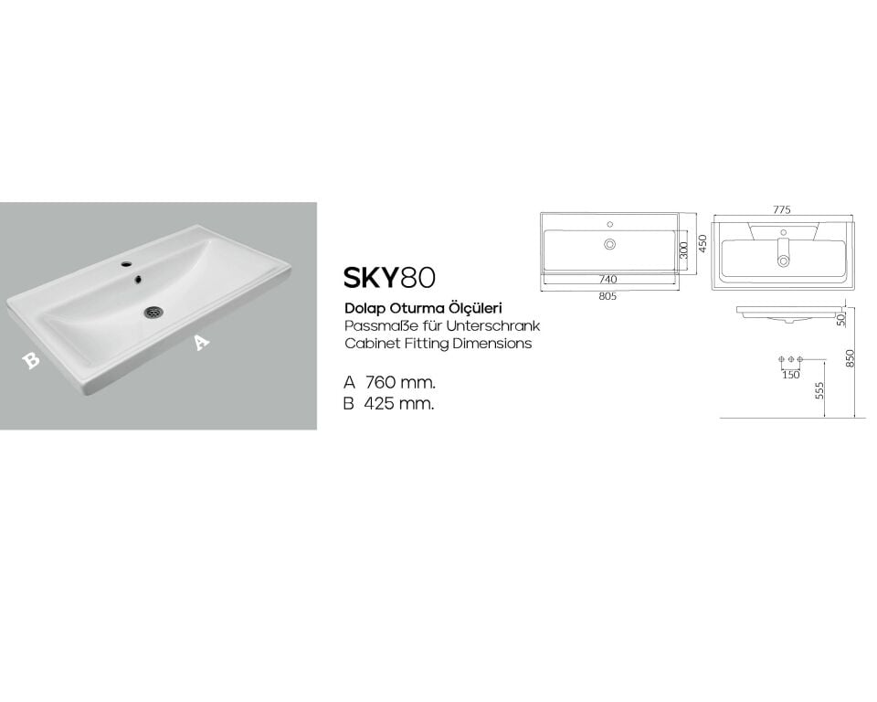 Karen Banyo Sky 80 Cm, Dolap Uyumlu Seramik Lavabo Taşı