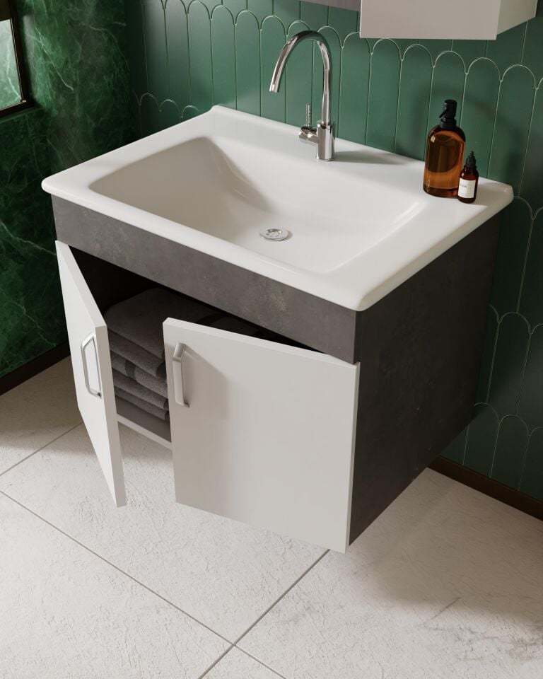 KAREN BANYO GÜMÜŞ 65 CM LAVABOLU BANYO DOLABI RETRO GÜMÜŞ-BEYAZ LAVABO DAHİL