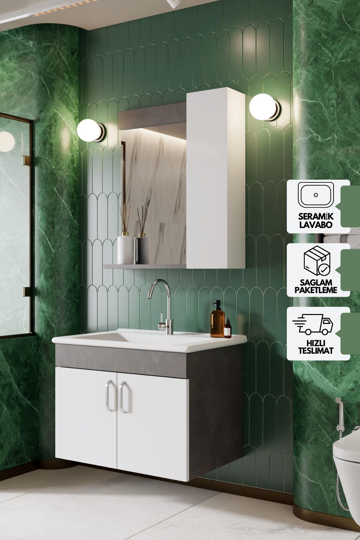 KAREN BANYO GÜMÜŞ 65 CM LAVABOLU BANYO DOLABI RETRO GÜMÜŞ-BEYAZ LAVABO DAHİL