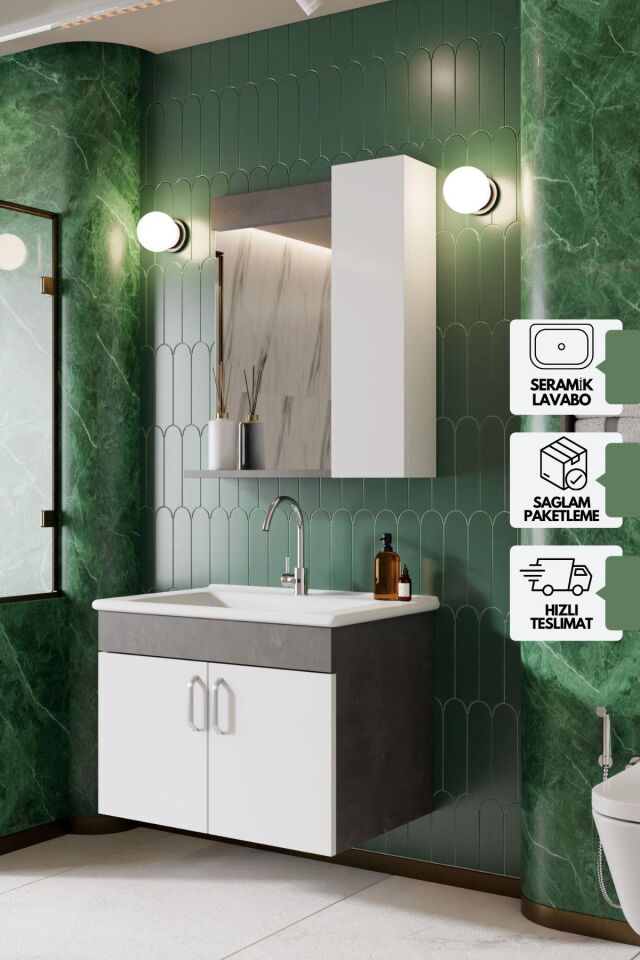 KAREN BANYO GÜMÜŞ 65 CM LAVABOLU BANYO DOLABI RETRO GÜMÜŞ-BEYAZ LAVABO DAHİL