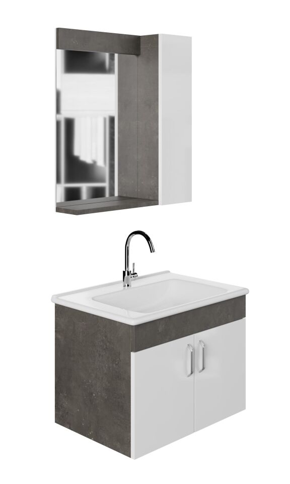 KAREN BANYO GÜMÜŞ 65 CM LAVABOLU BANYO DOLABI RETRO GÜMÜŞ-BEYAZ LAVABO DAHİL