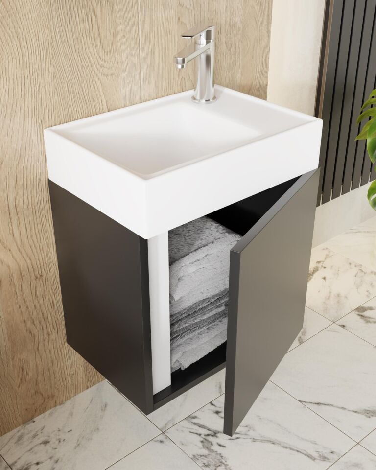 Karen Banyo Kemer 45Cm, Lavabolu, Aynalı, Banyo Dolabı, Mat Antrasit, Lavabo Dahil