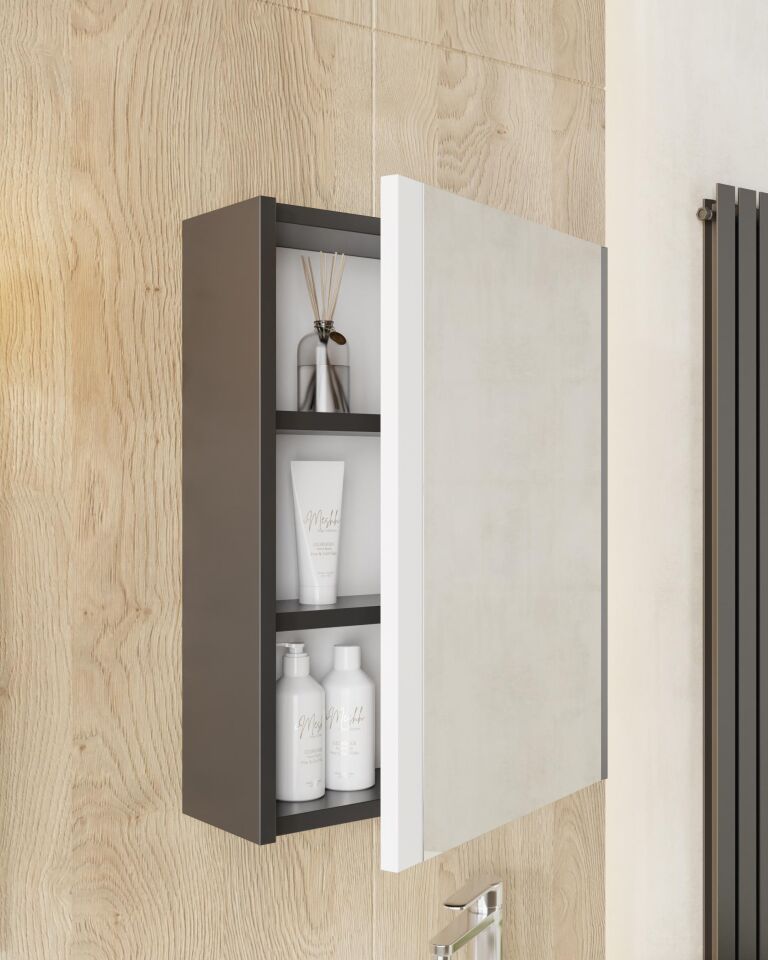 Karen Banyo Kemer 45Cm, Lavabolu, Aynalı, Banyo Dolabı, Mat Antrasit, Lavabo Dahil