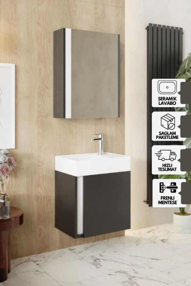 Karen Banyo Kemer 45Cm, Lavabolu, Aynalı, Banyo Dolabı, Mat Antrasit, Lavabo Dahil