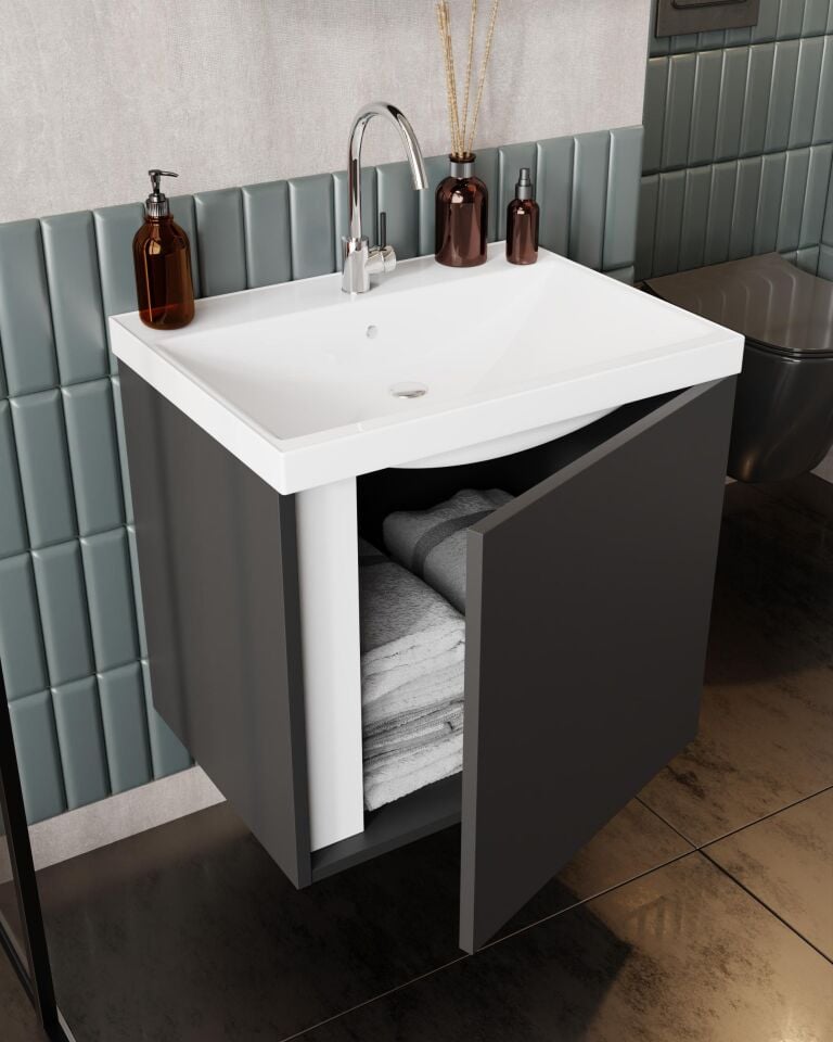 Karen Banyo Kemer 50 Cm, Lavabolu, Aynalı, Banyo Dolabı, Mat Antrasit, Lavabo Dahil