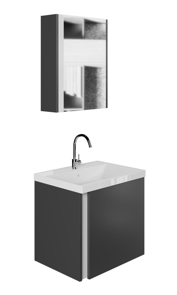 Karen Banyo Kemer 50 Cm, Lavabolu, Aynalı, Banyo Dolabı, Mat Antrasit, Lavabo Dahil