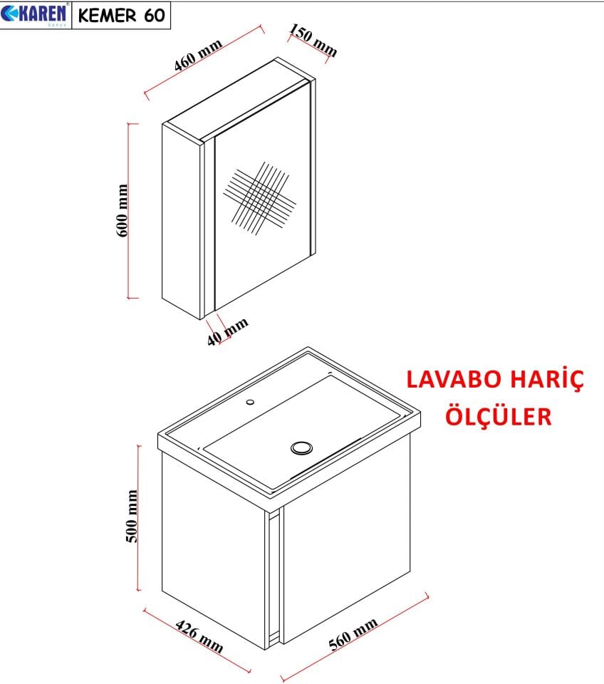 Karen Banyo Kemer 60 Cm, Lavabolu, Aynalı, Banyo Dolabı, Mat Antrasit, Lavabo Dahil