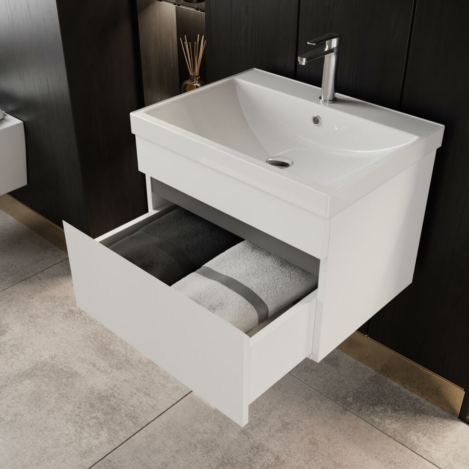 Karen Banyo Abant 60Cm Parlak Beyaz Lavabolu Banyo Dolabı Seti, Lavabo Dahil, Çekmeceli