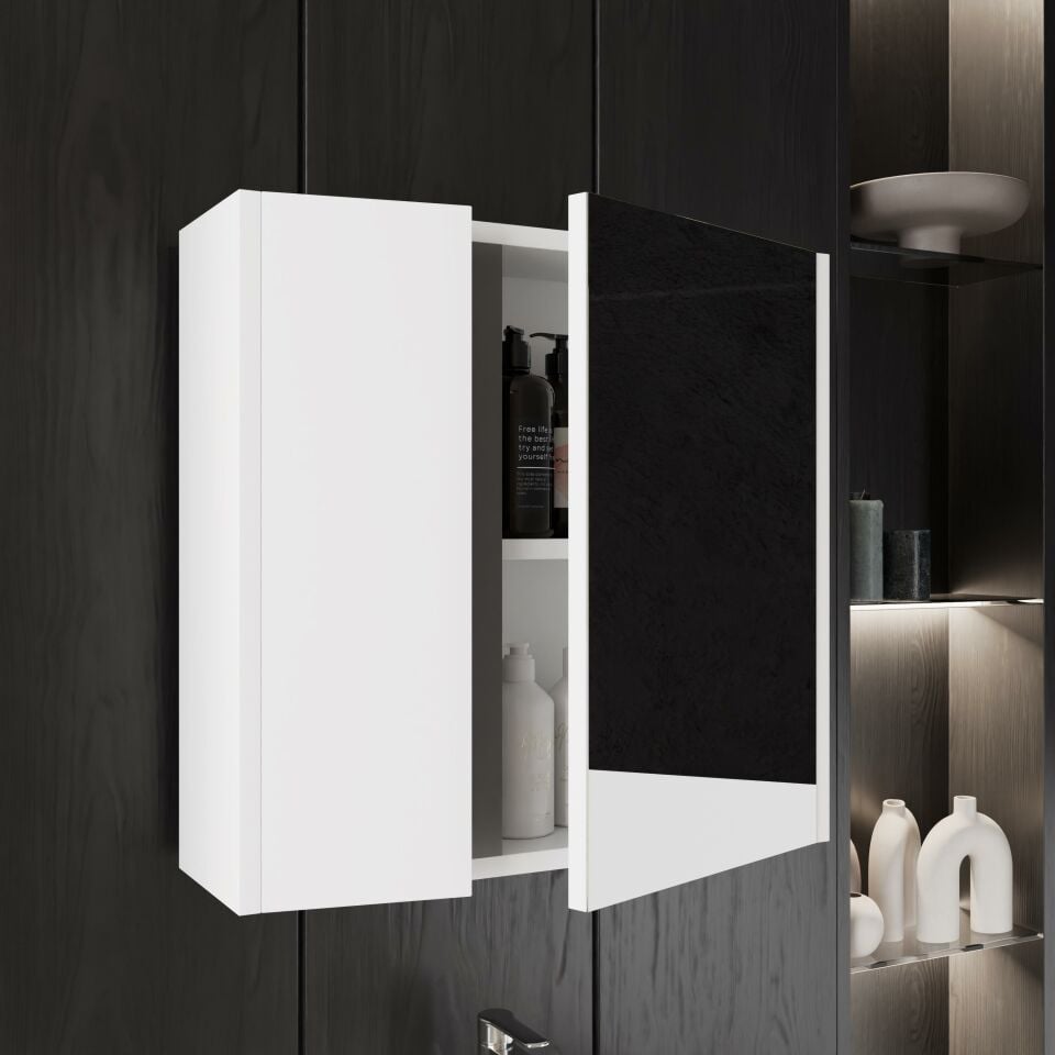 Karen Banyo Abant 60Cm Parlak Beyaz Lavabolu Banyo Dolabı Seti, Lavabo Dahil, Çekmeceli