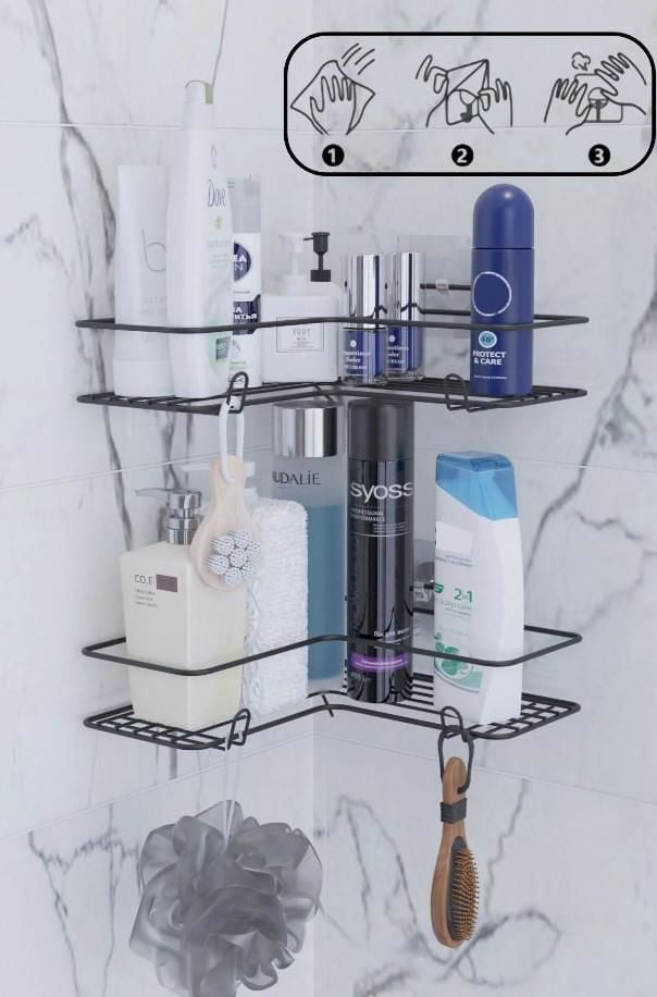 Karen Banyo 2 Adet Yapışkanlı Banyo Rafı, Paslanmaz Banyo Düzenleyici Köşeli Şampuanlık Raf SY003-B
