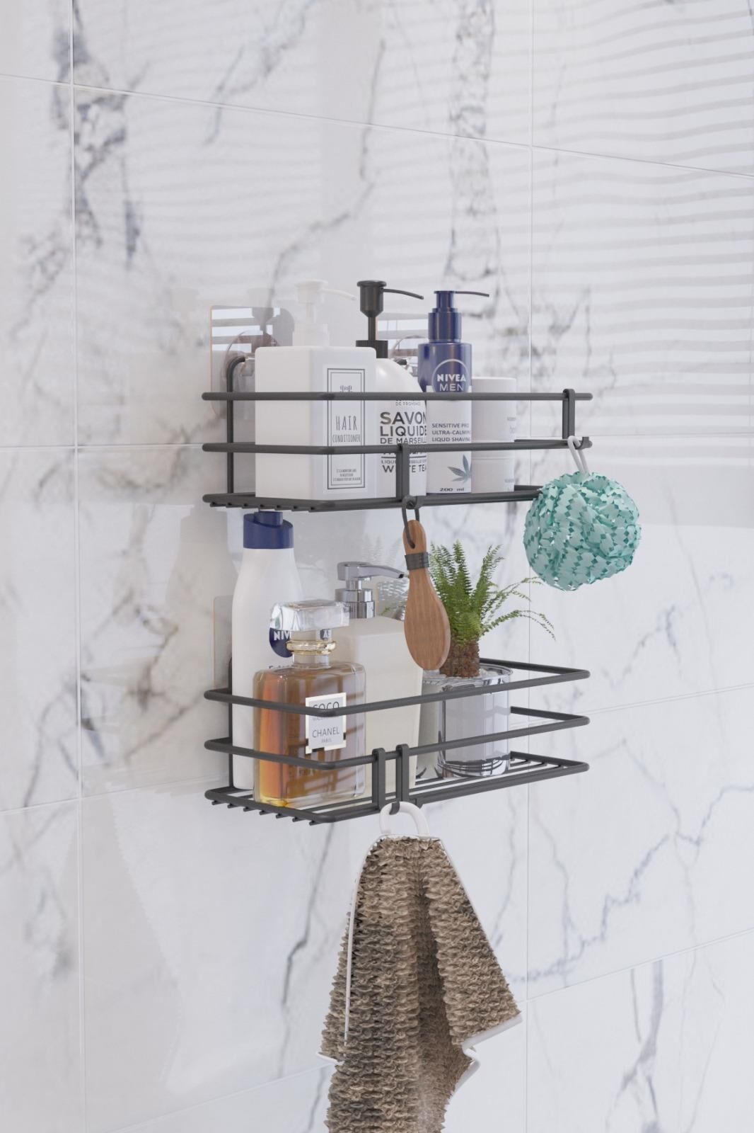 Karen Banyo Mutfak Banyo Düzenleyici Raf Kancalı Şampuanlık 2'li Set Organizer SB004-B