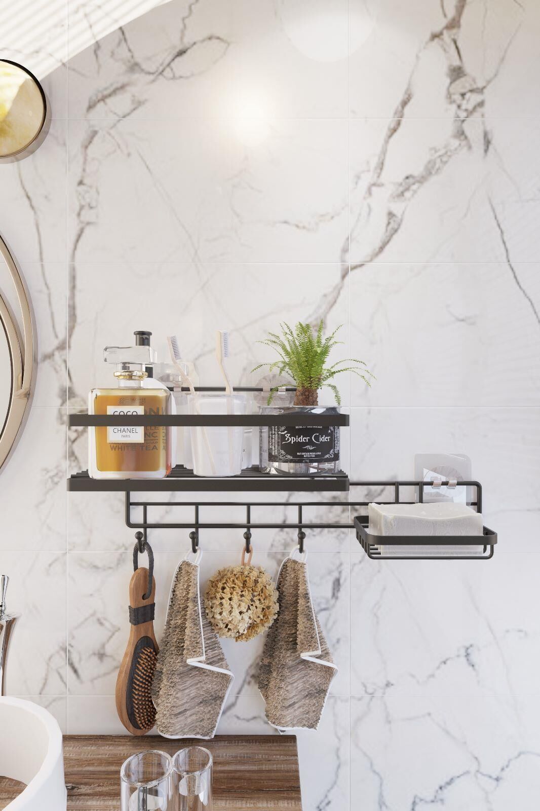 Karen Banyo Yapışkanlı Kancalı Banyo Rafı Ve Sabunluklu Banyo Düzenleyici Raf Askılı SY303-B