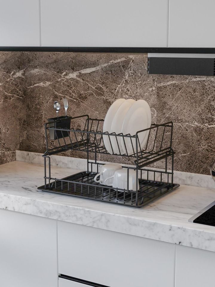 Karen Banyo İki Katlı Modüler Tepsili Bulaşık Sepeti, Bulaşıklık, Tepsili Tabaklık Siyah SM004-B