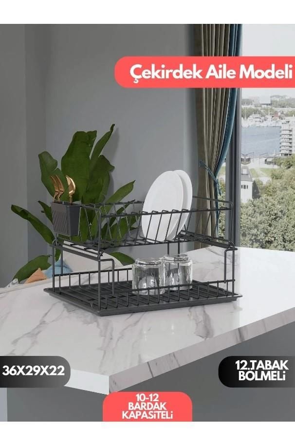 Karen Banyo İki Katlı Modüler Tepsili Bulaşık Sepeti, Bulaşıklık, Tepsili Tabaklık Siyah SM004-B