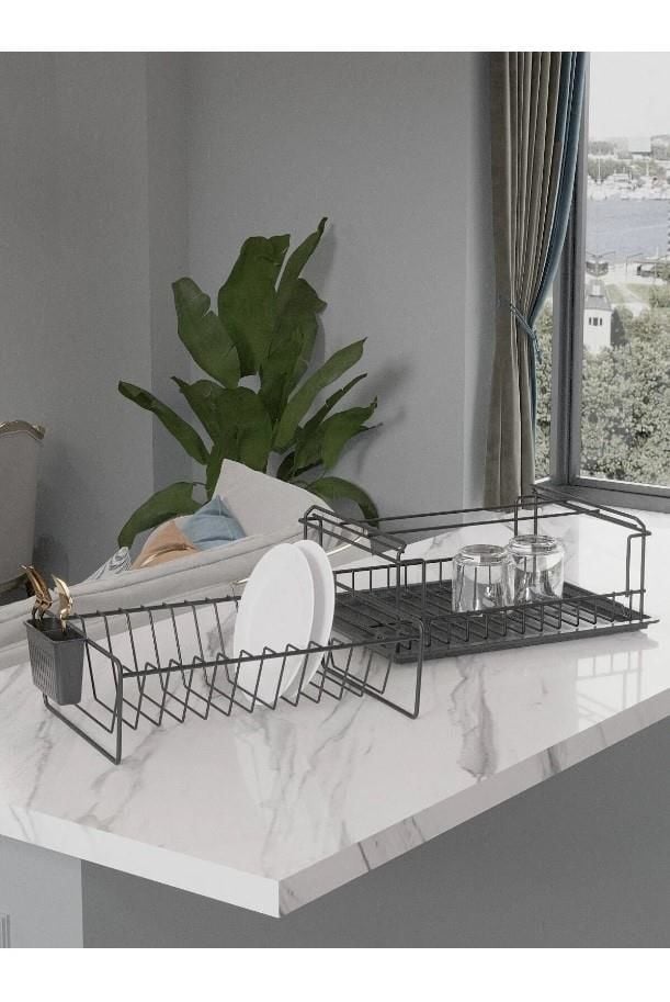 Karen Banyo İki Katlı Modüler Tepsili Bulaşık Sepeti, Bulaşıklık, Tepsili Tabaklık Siyah SM004-B