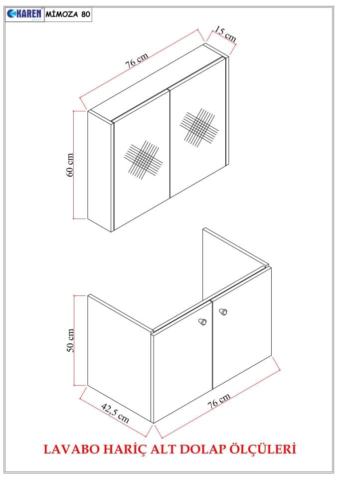 Karen Banyo Mimoza 80Cm Lavabolu, Aynalı Banyo Dolabı Seti, Seramik Lavabo Dahil, Beyaz, Mdf