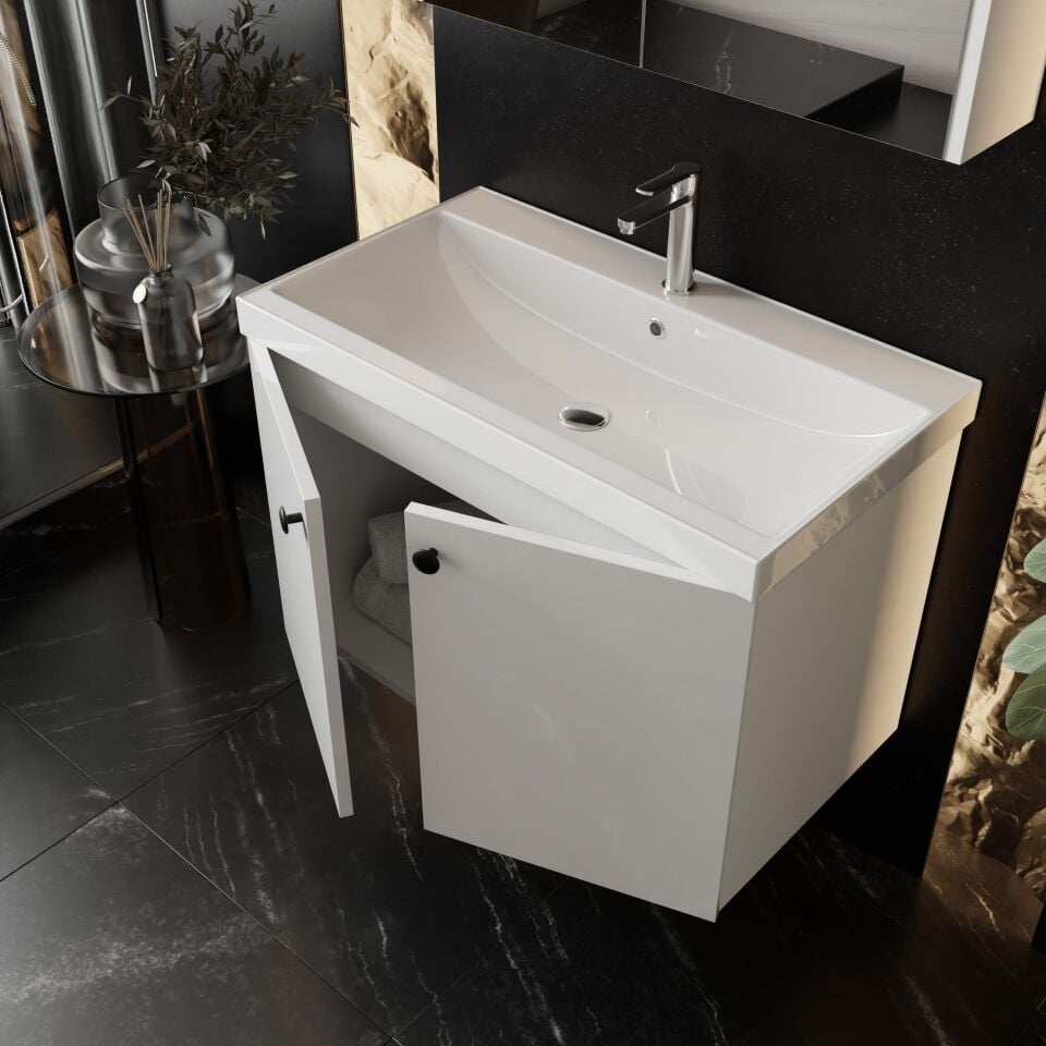 Karen Banyo Mimoza 80Cm Lavabolu, Aynalı Banyo Dolabı Seti, Seramik Lavabo Dahil, Beyaz, Mdf