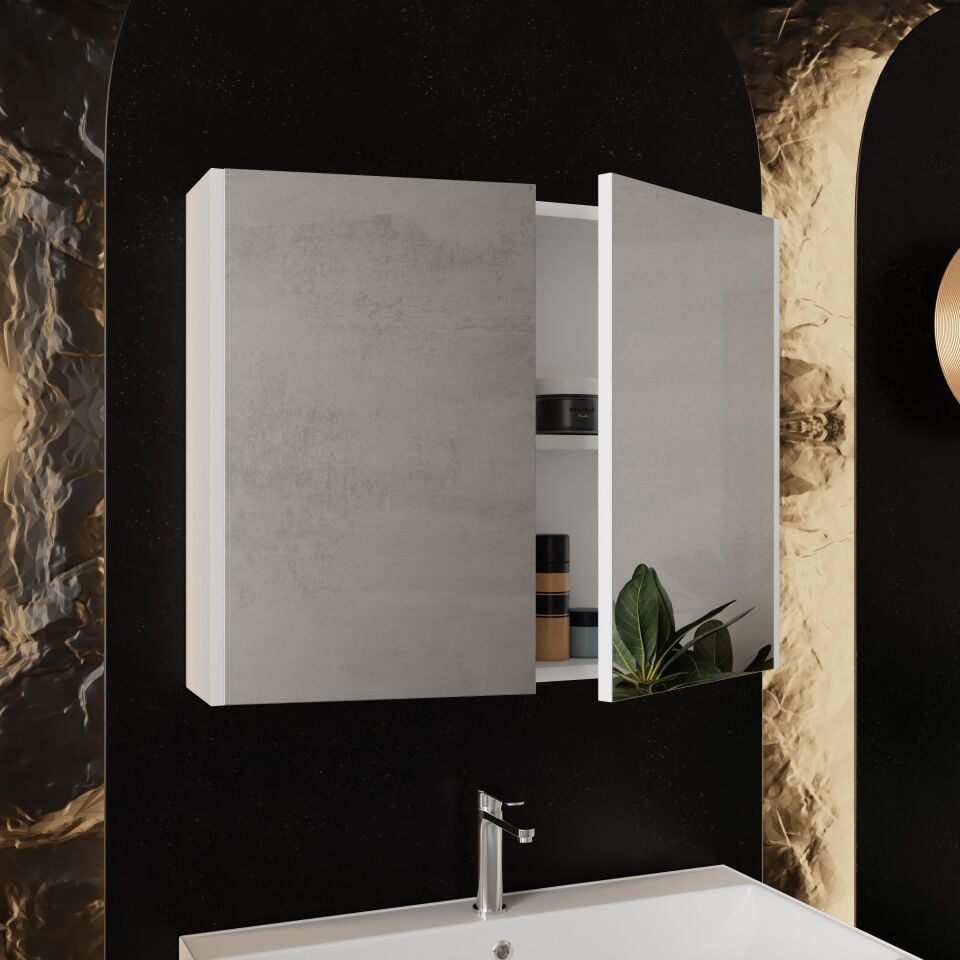 Karen Banyo Mimoza 80Cm Lavabolu, Aynalı Banyo Dolabı Seti, Seramik Lavabo Dahil, Beyaz, Mdf