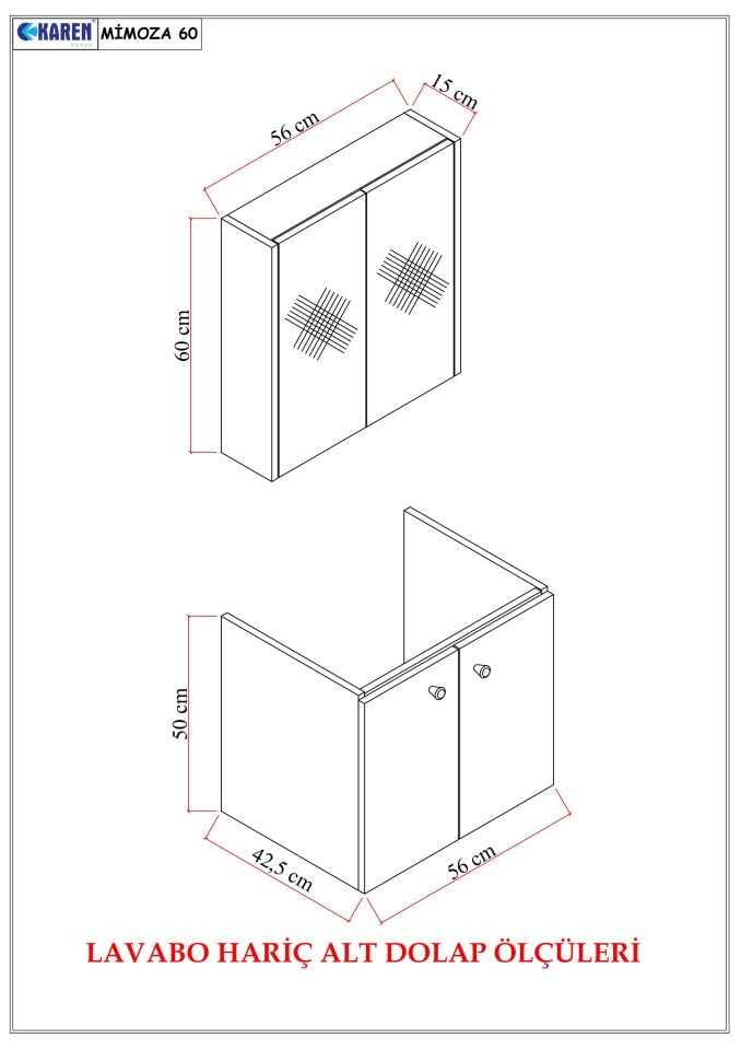 Karen Banyo Mimoza 60 Cm Lavabolu, Aynalı Banyo Dolabı Seti, Komple MDF Seramik Lavabo Dahil, Mdf