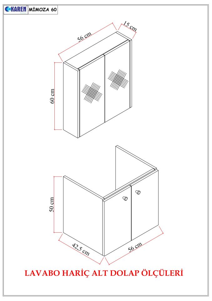 Karen Banyo Mimoza 60 Cm Lavabolu, Aynalı Banyo Dolabı Seti, Komple MDF Seramik Lavabo Dahil, Mdf