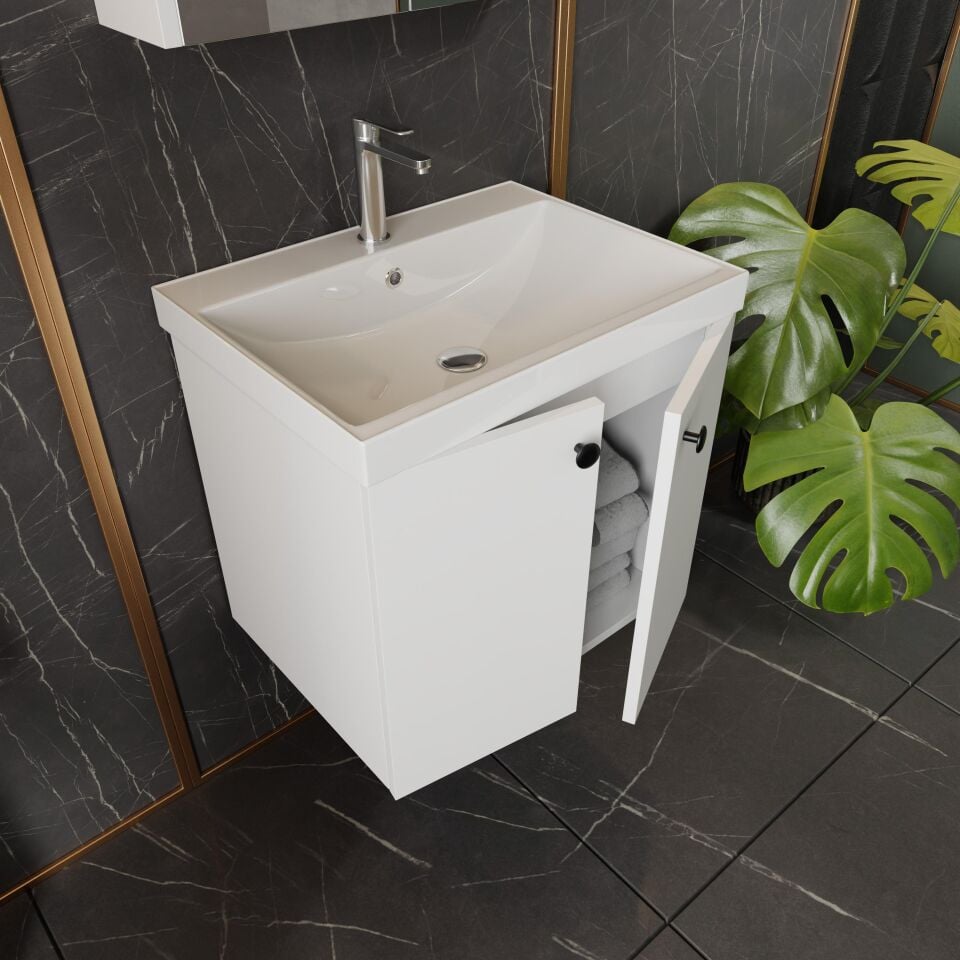 Karen Banyo Mimoza 60 Cm Lavabolu, Aynalı Banyo Dolabı Seti, Komple MDF Seramik Lavabo Dahil, Mdf