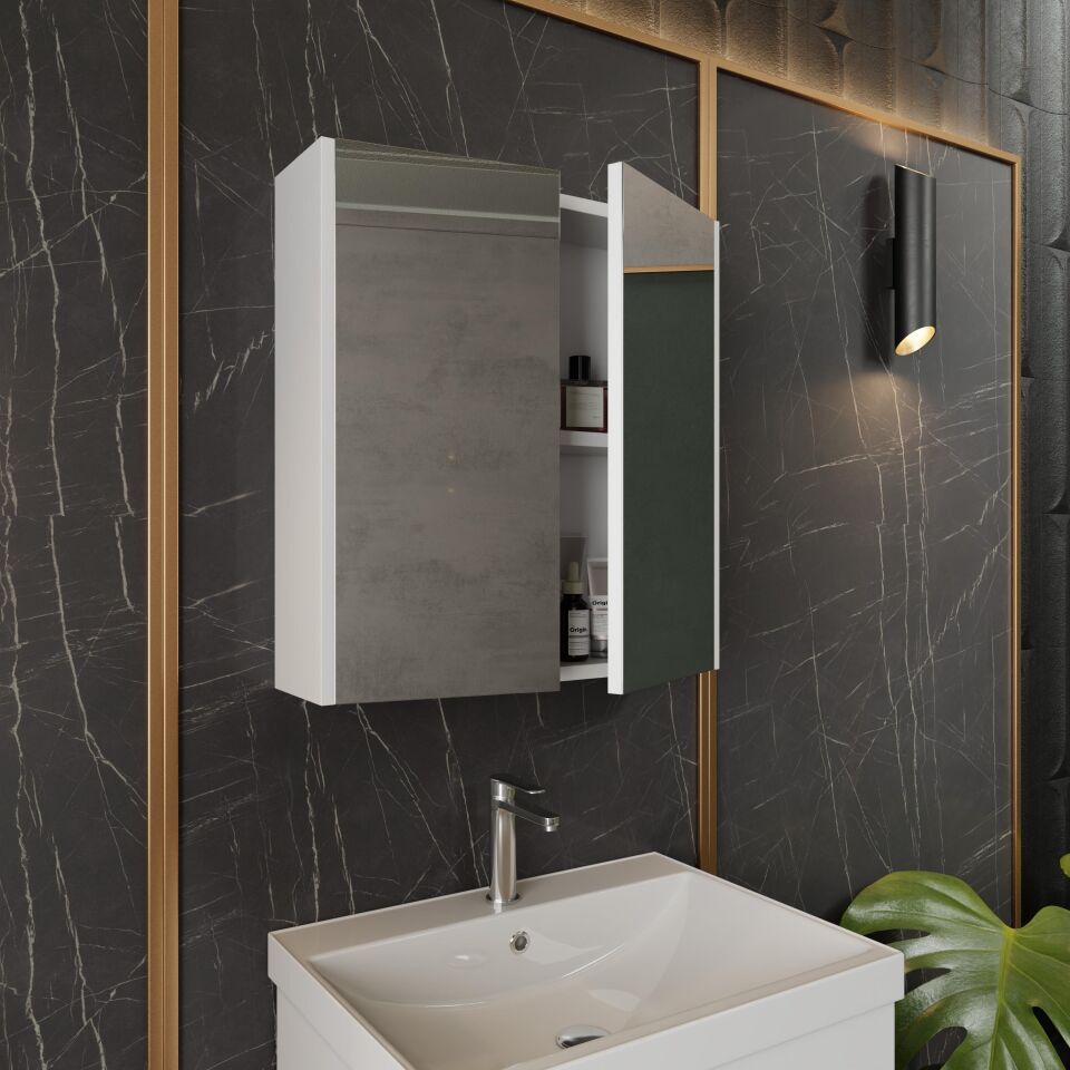 Karen Banyo Mimoza 60 Cm Lavabolu, Aynalı Banyo Dolabı Seti, Komple MDF Seramik Lavabo Dahil, Mdf