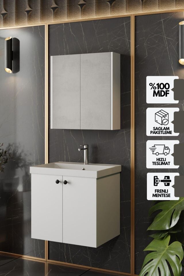 Karen Banyo Mimoza 60 Cm Lavabolu, Aynalı Banyo Dolabı Seti, Komple MDF Seramik Lavabo Dahil, Mdf