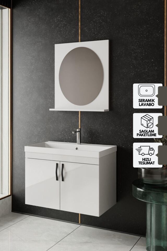 Karen Banyo Ege 80 Cm Lavabolu,Aynalı Banyo Dolabı Seti, Seramik Lavabo Dahil, Beyaz