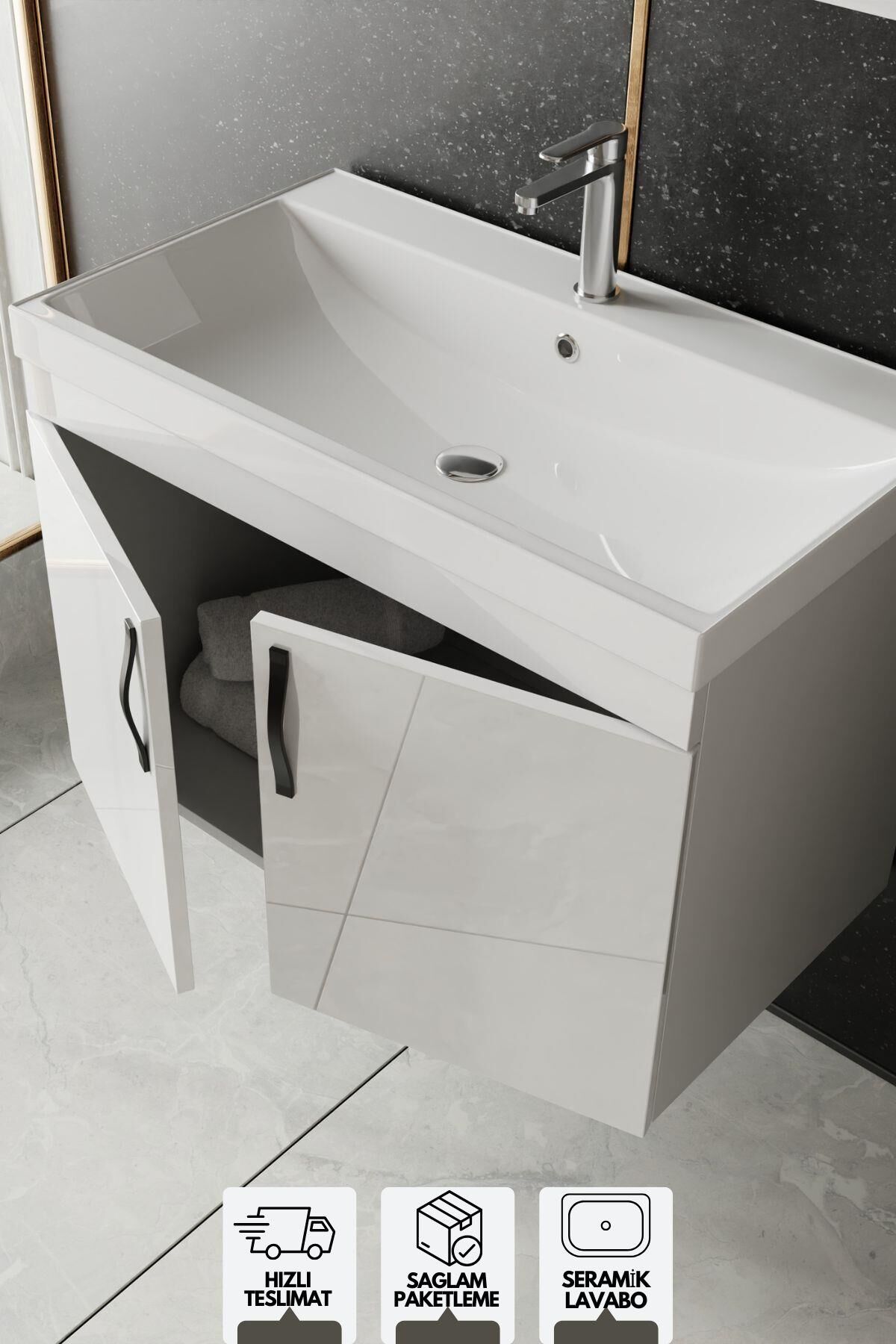 Karen Banyo Ege 80Cm Lavabolu Alt Banyo Dolabı, Kapaklı Banyo Alt Dolabı, Seramik Lavabo Dahil
