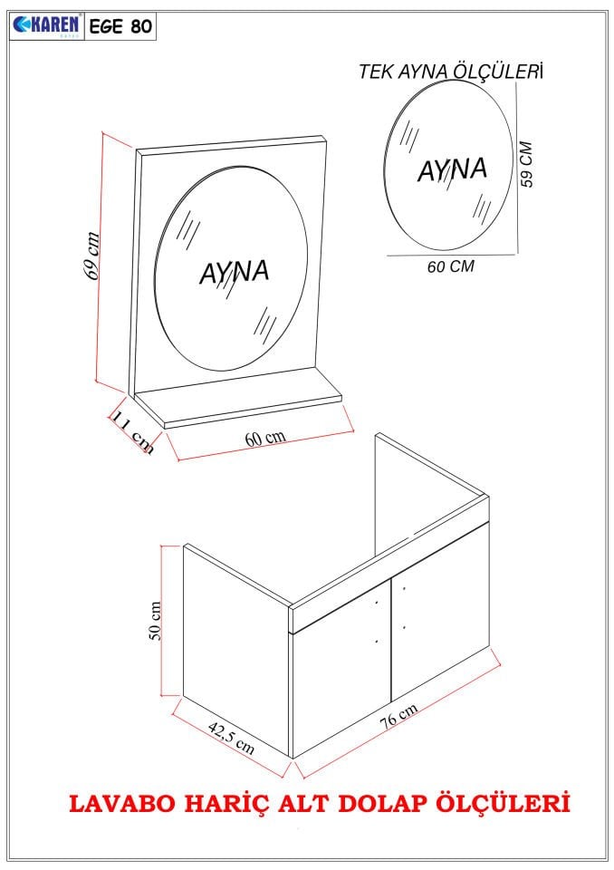 Karen Banyo Ege 80 Cm Lavabolu, Aynalı Banyo Dolabı Seti + Stella Kanallı Klozet Dahil Kampanyalı Set
