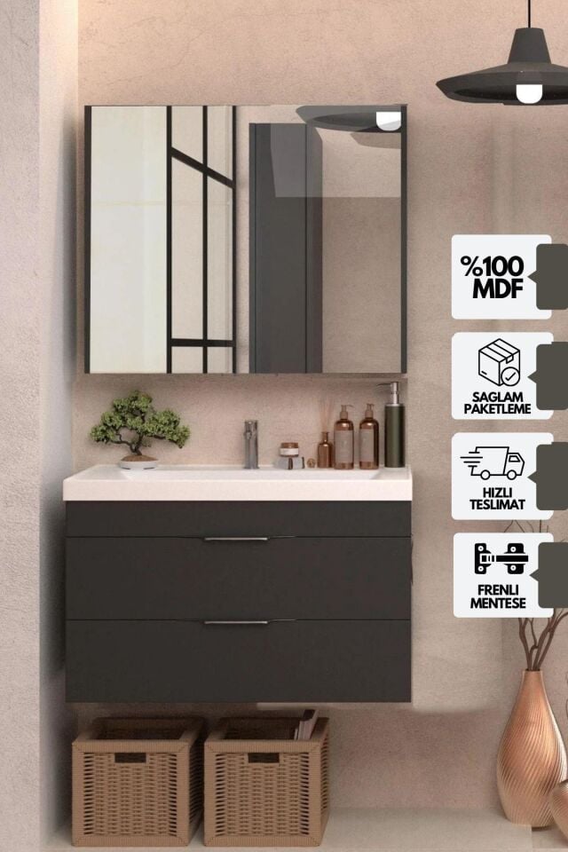 Karen Banyo Lotus Banyo Dolabı 80Cm Lavabo Dahil Antrasit Çekmeceli Komple Mebran Mdf