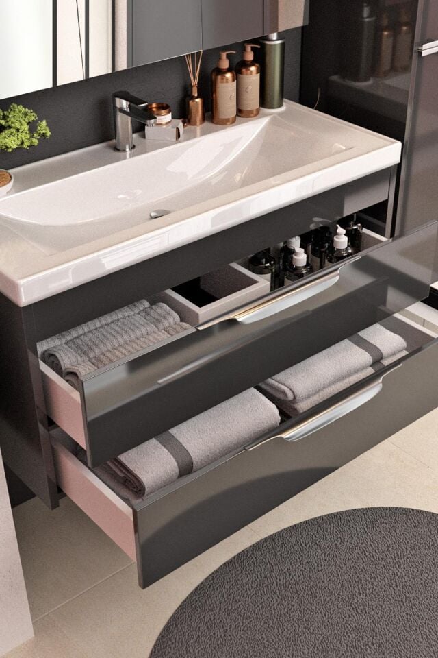 Karen Banyo Lotus Banyo Dolabı 80Cm Lavabo Dahil Antrasit Çekmeceli Komple Mebran Mdf