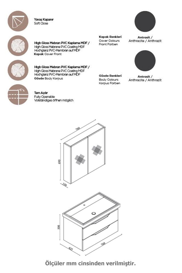 Karen Banyo Lotus Banyo Dolabı 80Cm Lavabo Dahil Antrasit Çekmeceli Komple Mebran Mdf