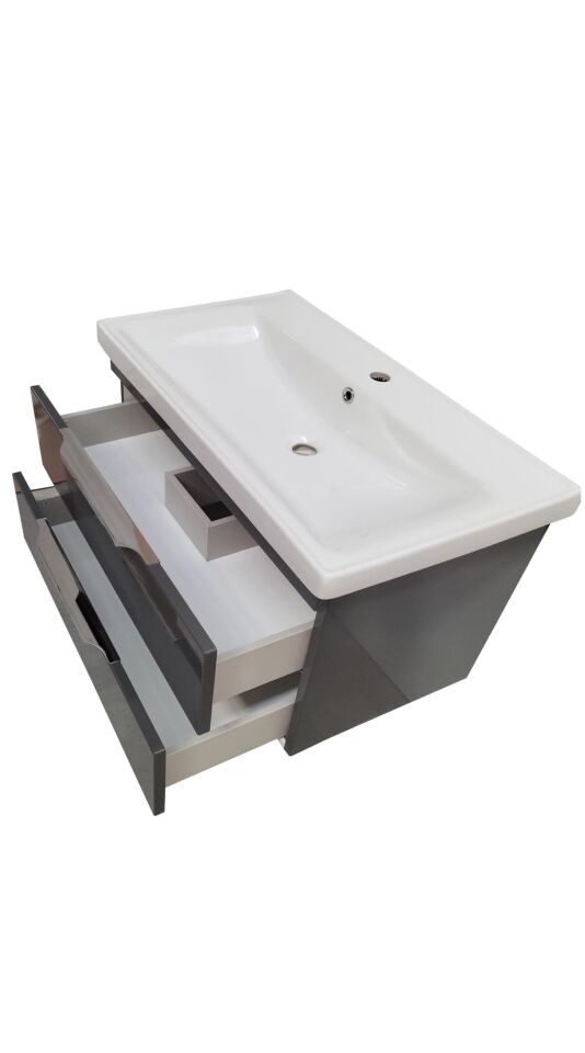 Karen Banyo Lotus Banyo Dolabı 80Cm Lavabo Dahil Antrasit Çekmeceli Komple Mebran Mdf
