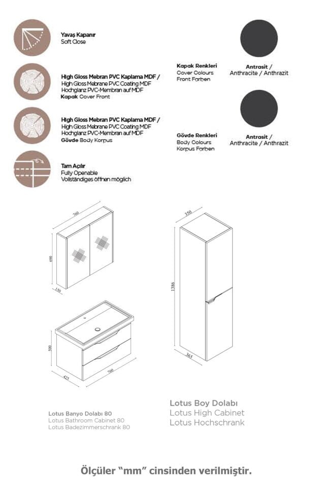Karen Banyo Lotus 80 Cm Banyo Dolabı Seti Boy Dolaplı Lavabo Dahil Antrasit Çekmeceli Komple Mdf