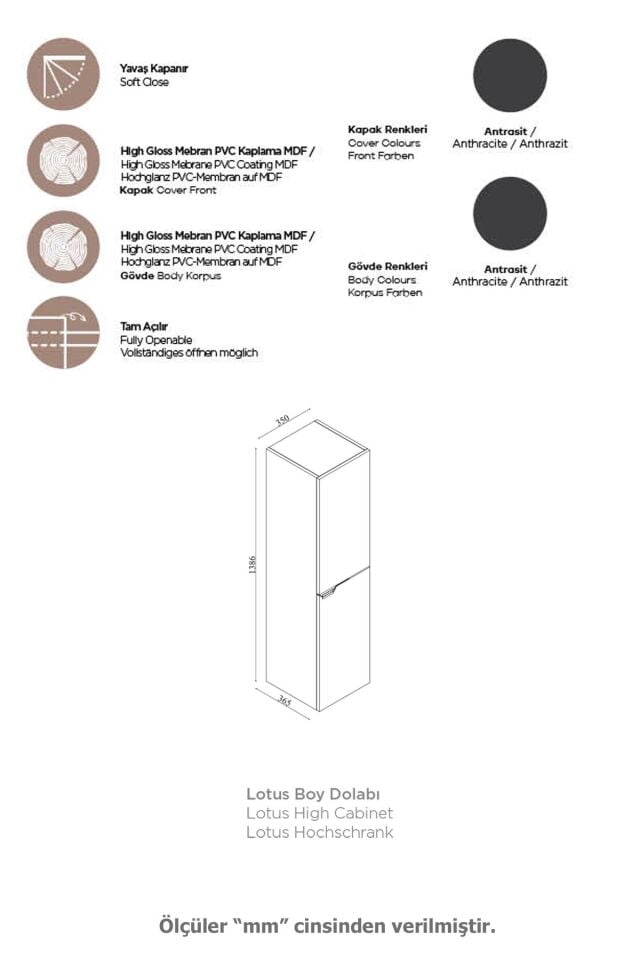 Karen Banyo Lotus Boy Dolabı Çok Amaçlı Dolap Antrasit Komple Mebran Mdf