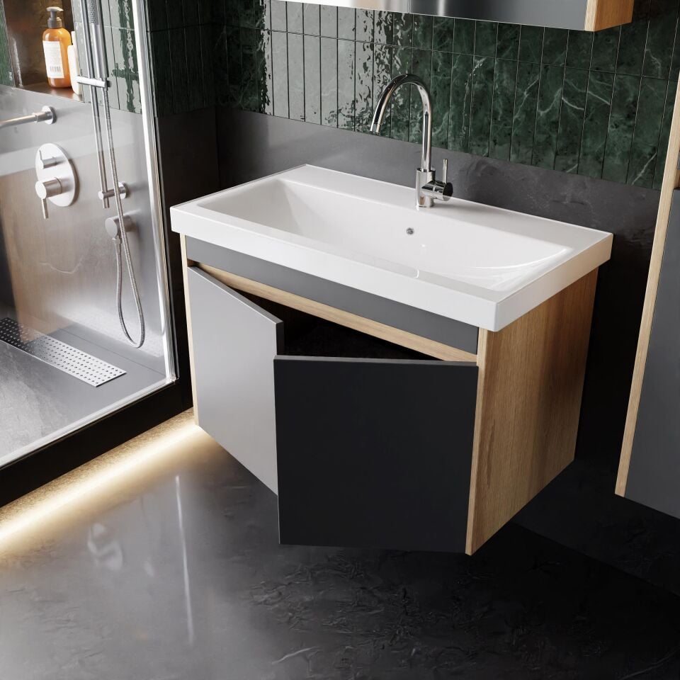 Karen Banyo Dallas 80 Cm Lavabolu, Aynalı Banyo Dolabı, Lavabo Dahil, Boy Dolabı Dahil, S.meşe-Antrasit