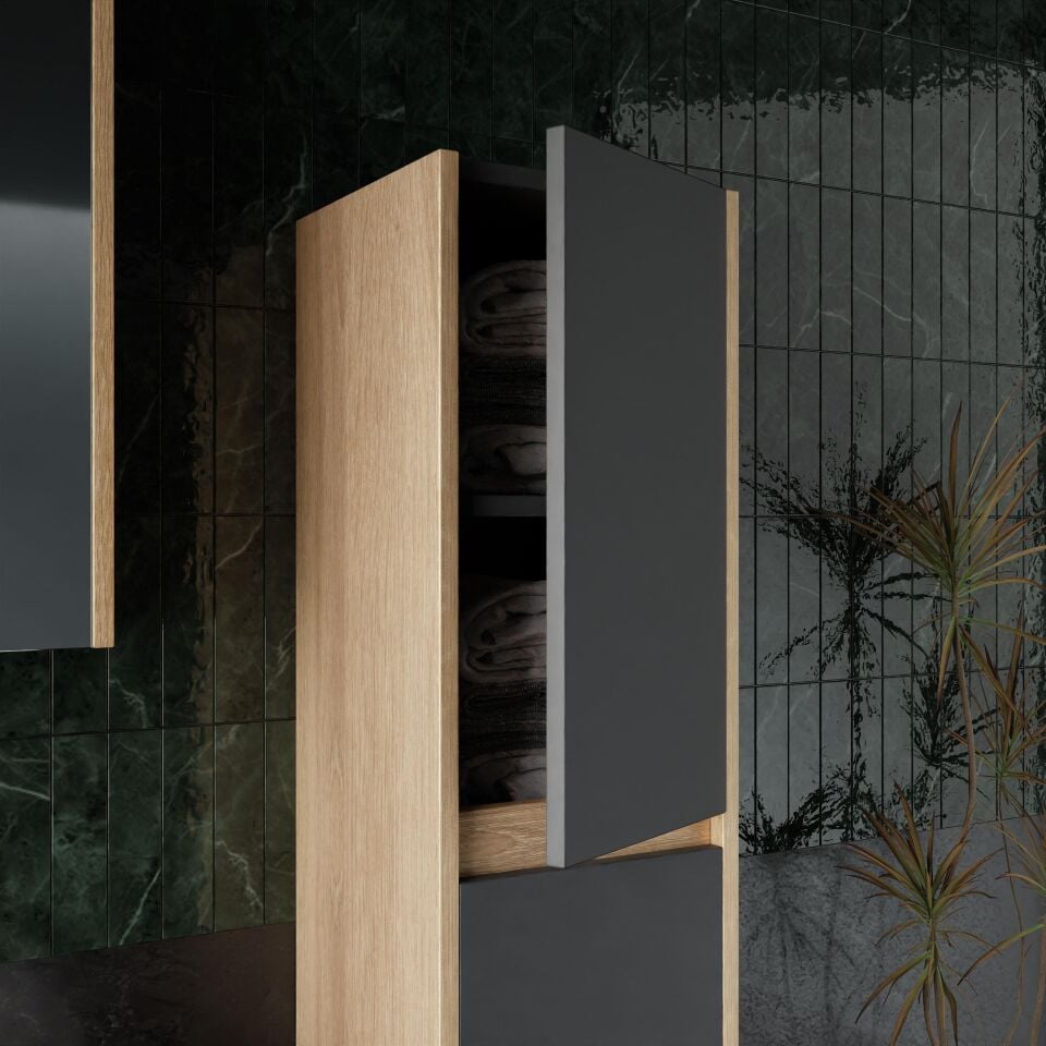 Karen Banyo Dallas 80 Cm Lavabolu, Aynalı Banyo Dolabı, Lavabo Dahil, Boy Dolabı Dahil, S.meşe-Antrasit