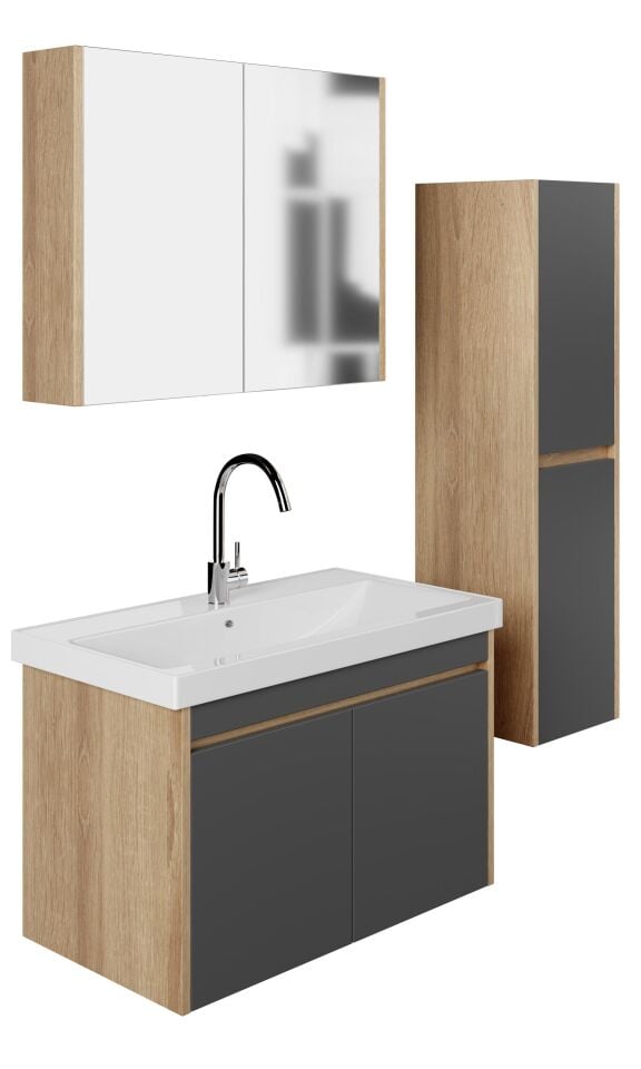 Karen Banyo Dallas 80 Cm Lavabolu, Aynalı Banyo Dolabı, Lavabo Dahil, Boy Dolabı Dahil, S.meşe-Antrasit