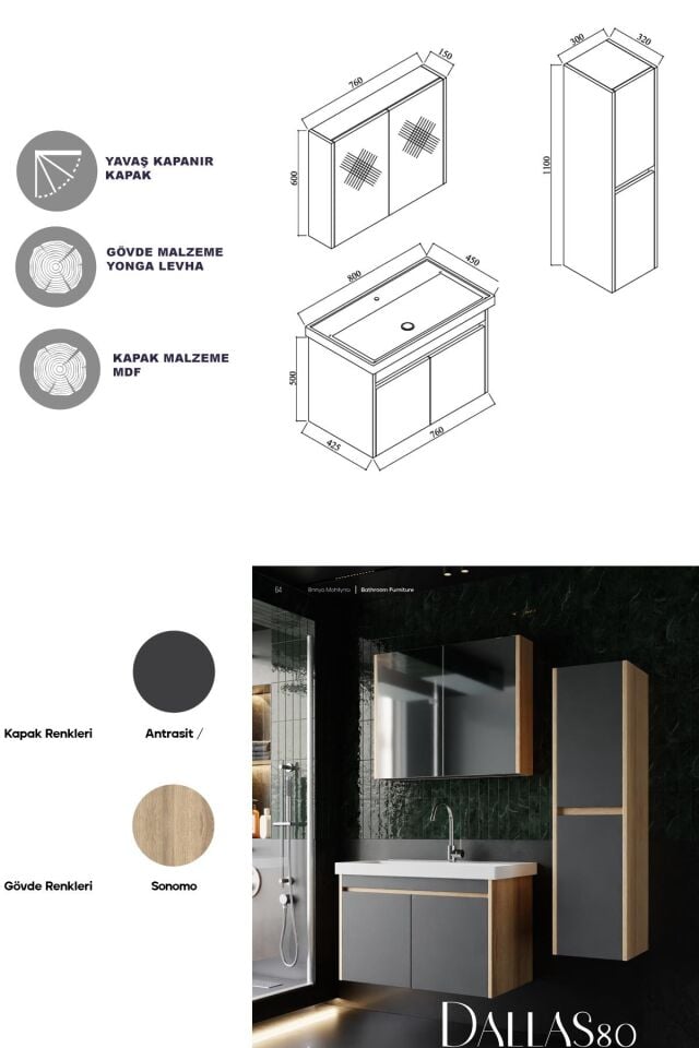 Karen Banyo Dallas 80 Cm Lavabolu, Aynalı Banyo Dolabı, Lavabo Dahil, Boy Dolabı Dahil, S.meşe-Antrasit