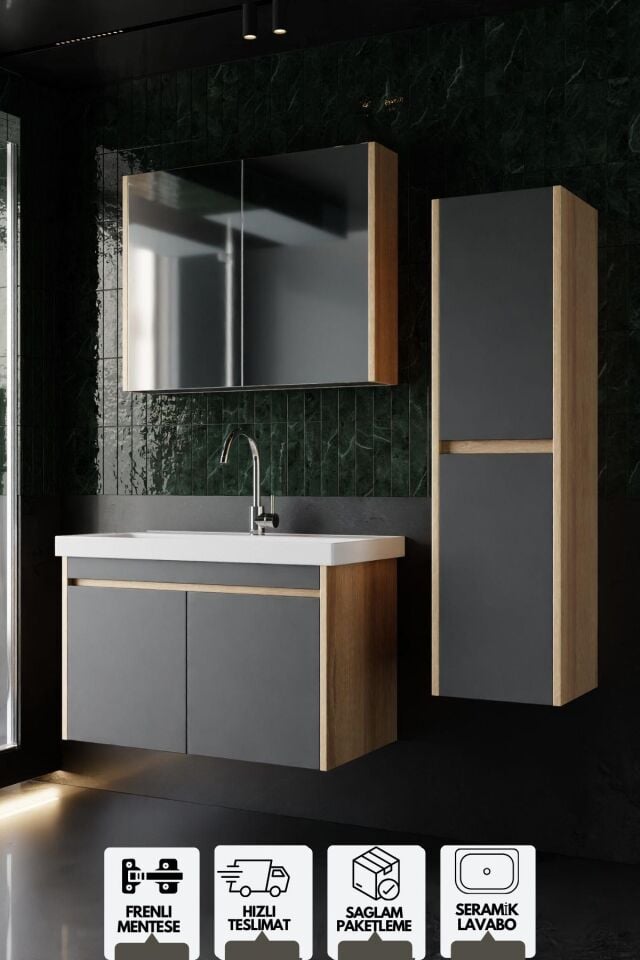 Karen Banyo Dallas 80 Cm Lavabolu, Aynalı Banyo Dolabı, Lavabo Dahil, Boy Dolabı Dahil, S.meşe-Antrasit