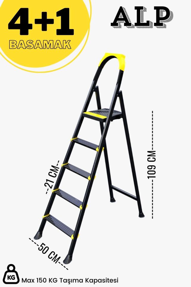 Karen Alp Siyah Metal Basamaklı Katlanabilir Merdiven 4+1