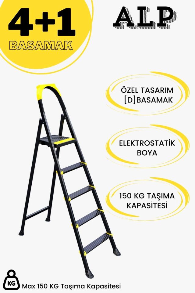 Karen Alp Siyah Metal Basamaklı Katlanabilir Merdiven 4+1