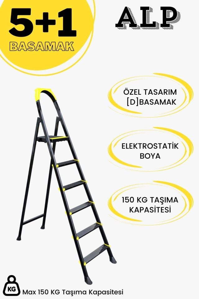 Karen Alp Siyah Metal Basamaklı Katlanabilir Merdiven 5+1