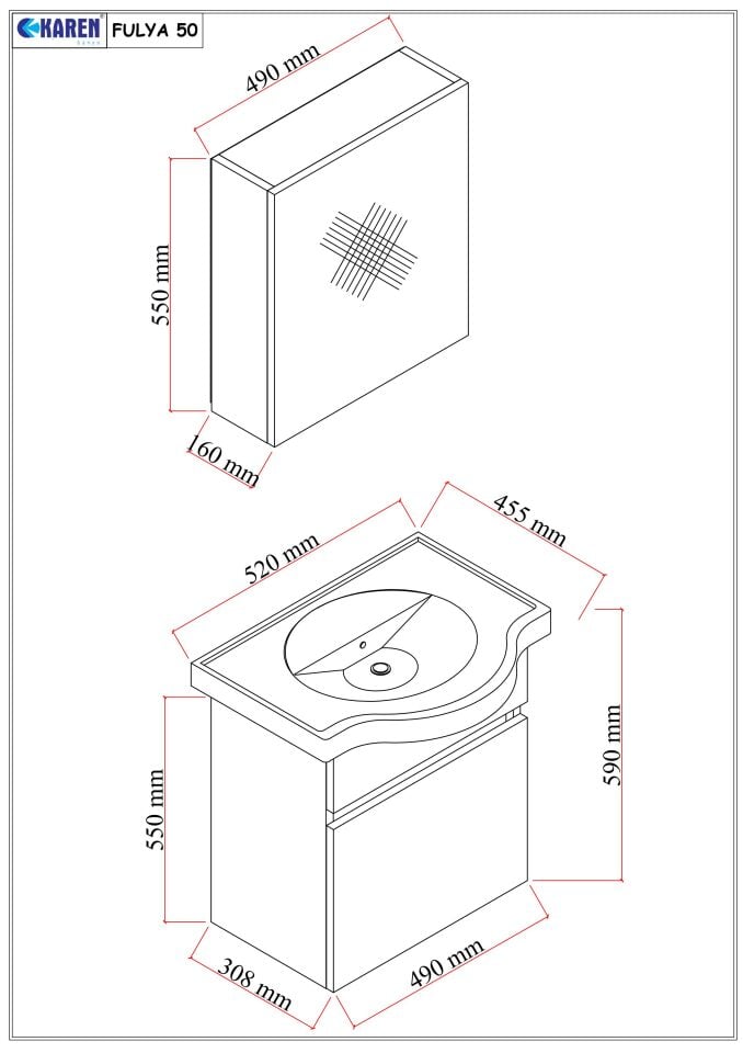 Karen Banyo Fulya 50 Cm Mdf Lavabolu Aynalı Banyo Dolabı Seti Seramik Lavabo Dahil Beyaz Mdf